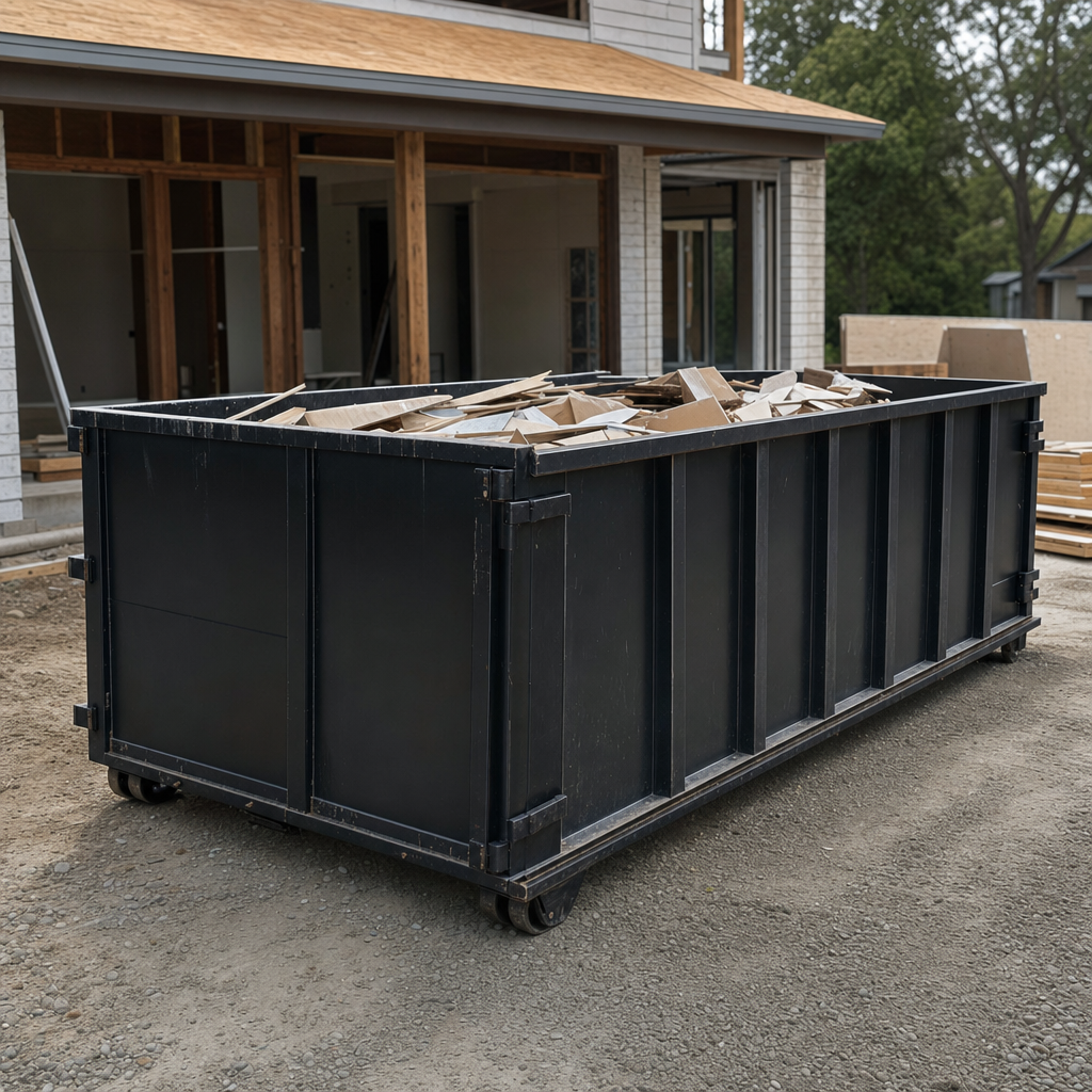 Large matte-black 30-yard construction roll-off dumpster at an active Santa Fe jobsite, steel-gray top rails and bottom rollers visible, loaded with construction debris.